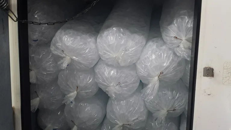 Bagged ice inside the Red Barn ice cooler