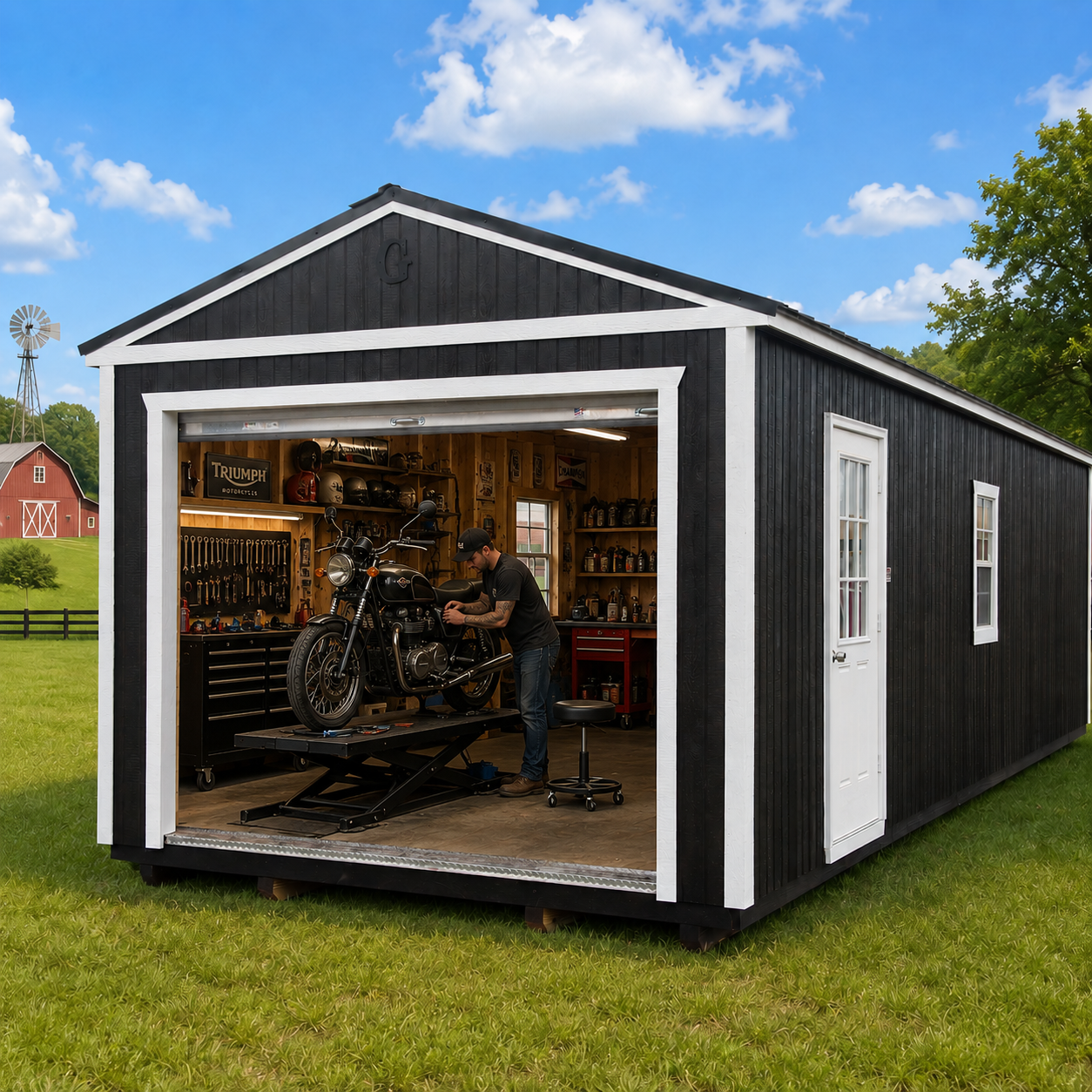Workshop setup inside a Graceland garage building