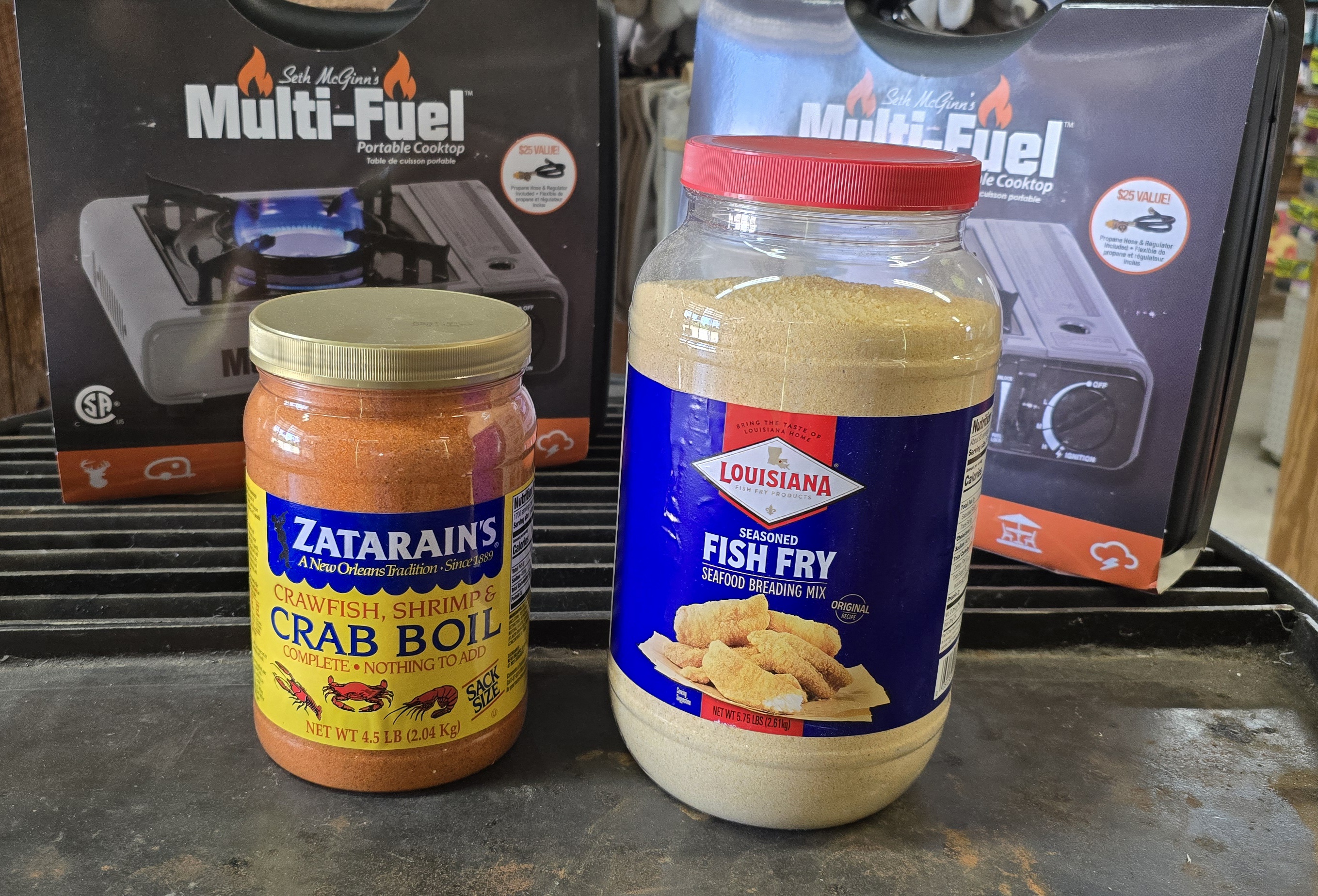 Fish-fry seasoning, seafood-boil seasoning, and portable cooktops at Red Barn